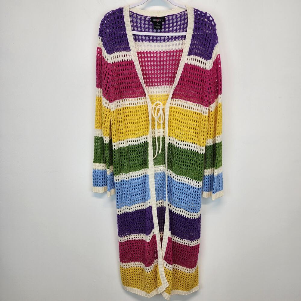 Womens Rainbow Crochet Duster Cardigan 3X Colorful Flare Sleeve Disco Runway